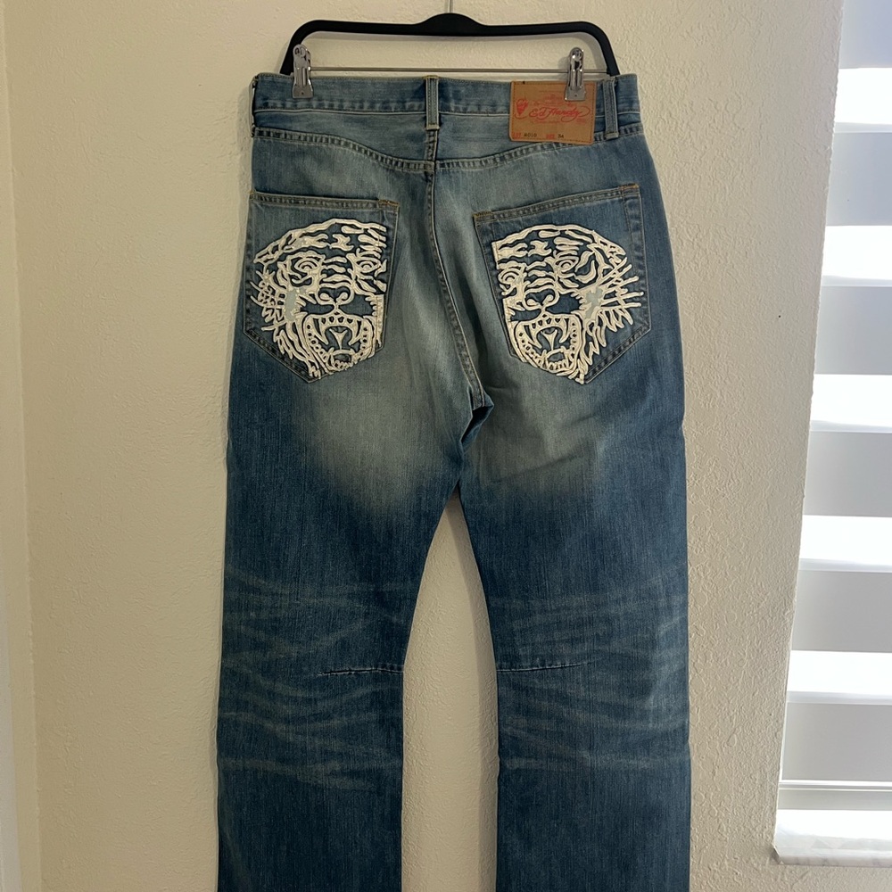 Ed Hardy Relaxed Blue Jeans with White Tiger Embroidery